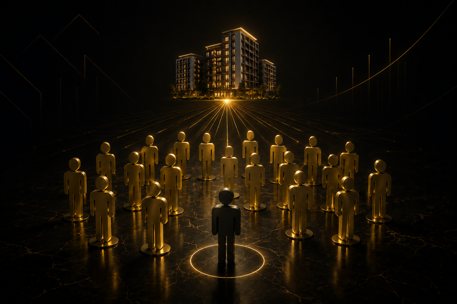 Group of investors converging toward a residential tower